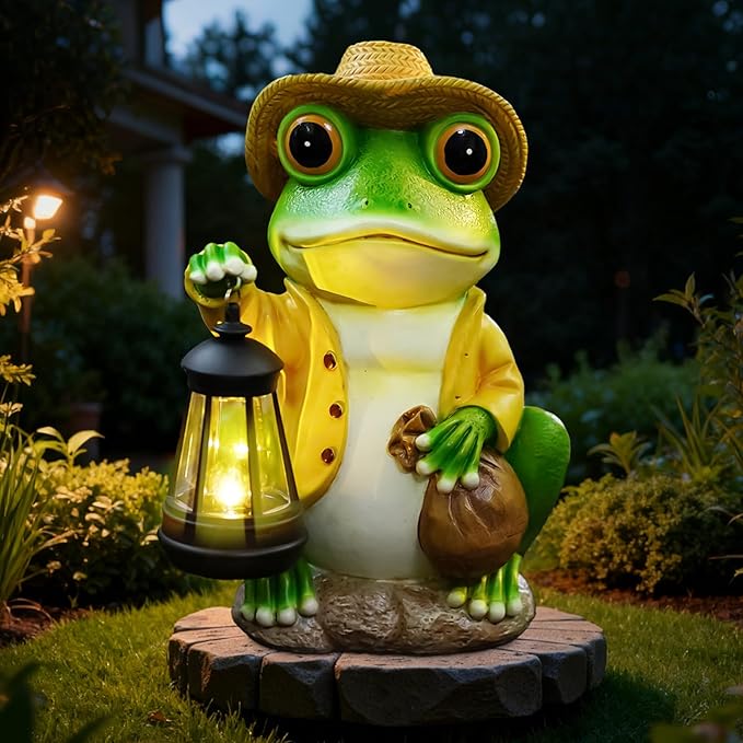 Frog Garden Statue with Solar Lantern - Large 13 in Solar Frog Statue Outdoor for Yard, Patio, Porch, Lawn and Balcony Decorations, Gift for Gardeners and Housewarming