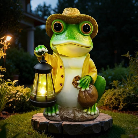 Frog Garden Statue with Solar Lantern - Large 13 in Solar Frog Statue Outdoor for Yard, Patio, Porch, Lawn and Balcony Decorations, Gift for Gardeners and Housewarming