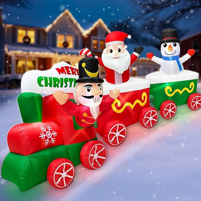 12 Ft Long 4 Ft Tall Christmas Inflatable Train with Nutcracker, Santa Claus and Snowman, Christmas Decorations Outdoor Blow Up Xmas Train Carriage with Build-in LEDs Holiday Party Garden Yard Decor