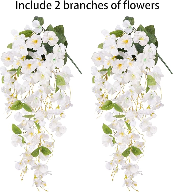Artificial Hibiscus Fake Hanging Flowers Plants for Outdoor Spring Summer Decoration, 2pcs White Silk Hibiscus Long Trailing Vines UV Resistant Realistic Faux Flower for Outside Front Door Porch Patio