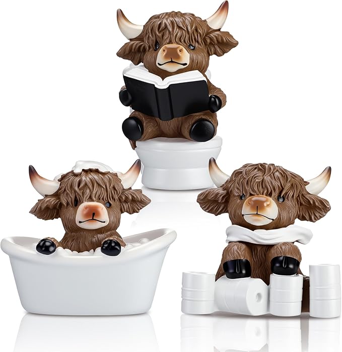 Karenhi 3 Pcs Highland Cow Figurines Bathroom Highland Cow Gnomes Bath Scottish Resin Statue Calf Lovers Gifts for Home Garden Kitchen Office Tiered Tray Table Decor