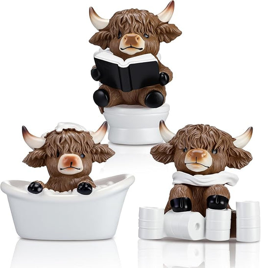Karenhi 3 Pcs Highland Cow Figurines Bathroom Highland Cow Gnomes Bath Scottish Resin Statue Calf Lovers Gifts for Home Garden Kitchen Office Tiered Tray Table Decor