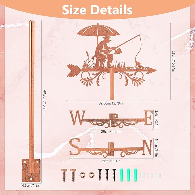 SUPERDANT Fishing Weather Vane for Roof Fish Man Metal Weathervane Bank Fishing Wind Vanes for Sheds Copper Wind Direction Indicator for Farmhouse Yard Farm Shed Garden Decoration