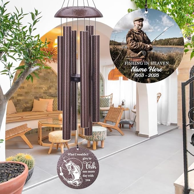 Personalized Wind Chimes, 36inch Sympathy Wind Chime, in Loving Memory for Loss of Loved Grandpa/Dad Loves Fishing in Heaven, Metal Large Memorial Condolences Gifts (Produced in USA)