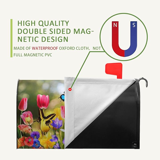 Spring Tulip Mailbox Covers Magnetic Oversized Spring Flowers Mailbox Wraps Large Size 25.5" X 21" Summer Butterfly Floral Resistant Post Letter Box Cover for Garden Yard Home Outdoor Decor