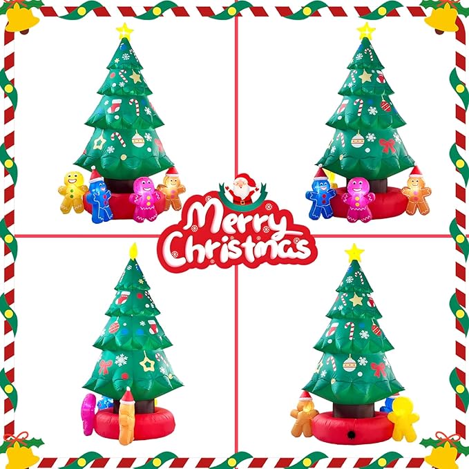 9ft Christmas Tree Decoration with Gingerbread Men Inflatable Outdoor Indoor Decor, Giant Blow Up Weatherproof Xmas Decorations for Yard, Built-in LED Rotating Light for Gardern Lawn Winter Holiday