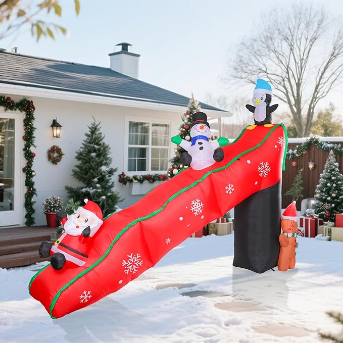 VCUTEKA Christmas Inflatables Outdoor Decorations, 9.7FT Snowy Slide with Santa, Snowman, Penguin, Gingerbread Man, Animated Christmas Inflatable Yard Decoration LED Lights for Holiday Lawn Garden