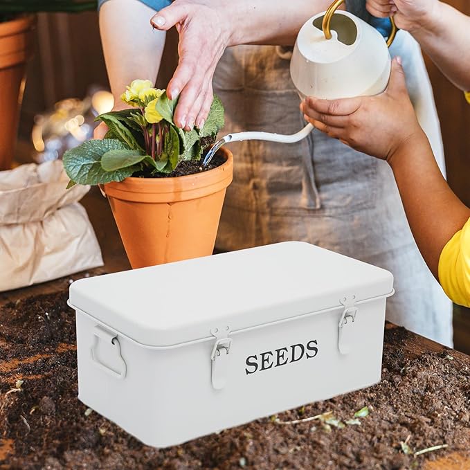 Garden Seed Box, White Metal Seed Storage Box, Seed Storage Organizer Case with 4 Dividers, Seeds Packet Container for Gardening, Seed Envelope Storage Box with Portable Handle & Safety Lock