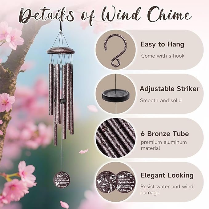 Gifts for Sister, 25''Wind Chimes, Birthday Gifts for Sister, Soul Sisters Unique Gift for Women,Thanksgiving,Christmas Day Gift Ideas for Love Rreminder