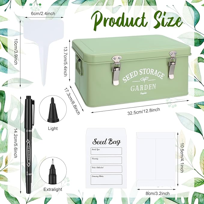 Maitys Seed Storage Container Box with Lid Garden Seed Packet Storage Organizer Decorative with Dividers and 100 Plant Labels 50 Seeding Envelopes 2 Marker Pens(Groovy,12.8 x 6.8 x 5.4)