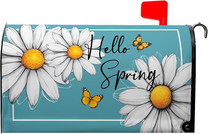 Spring Floral Daisy Mailbox Cover Magnetic Standard Size 21x18 in Floral Butterfly Post Letter Box Cover Decorations for Outside Garden Yard Blue
