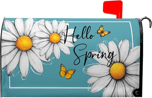 Spring Floral Daisy Mailbox Cover Magnetic Standard Size 21x18 in Floral Butterfly Post Letter Box Cover Decorations for Outside Garden Yard Blue
