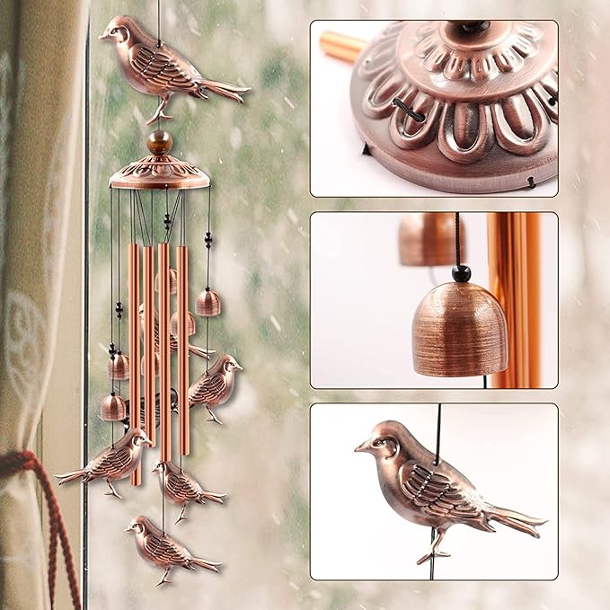 Bird Wind Chimes for Outside,33 inch Length Memorial Sparrow Wind Chime with 4 Large Aluminum Tubes & S Hook,Indoor Outdoor Decor Hanging Wind Catcher Bell for Home,Garden,Patio,Backyard,Porch