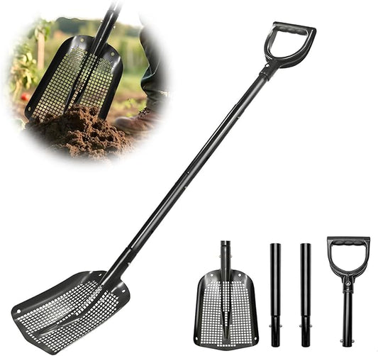 VYNTRA 47.7" Metal Sifting Shovel, Adjustable Sand Sifter for Chicken Coop, Farm Goat Stall & Garden, Beach-Heavy Duty Durable Mesh Screen for Poop Cleaning Durable Sifter Shovel Ergonomic Grip Black