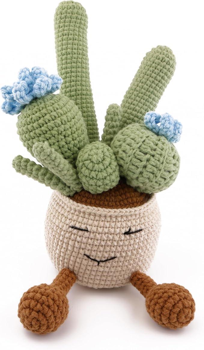 Crocheted Cactus Plants by Hand, Simulated Succulent Plants Potted with Wool Woven Flower for Father's Day, Mother's Day, Thanksgiving Day, Christmas Day and Wedding Decoration (Blue)
