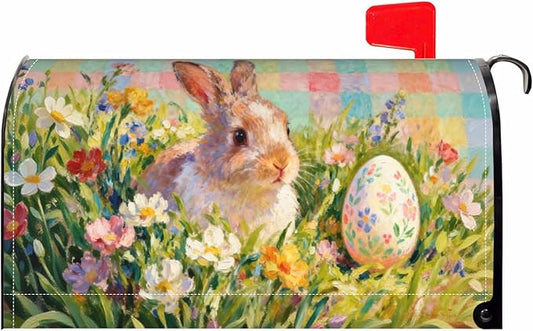Spring Easter Bunny Floral Mailbox Covers Magnetic Standard Size Pastel Pink Plaid Rabbit Flower Egg Holiday Outdoor Seasonal Decorative Letter Box Cases for Home Garden Outside Decor, 21x18 Inch
