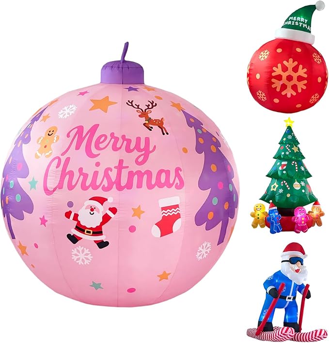 LANGXUN 8ft Pink Christmas Ball Inflatable Outdoor Indoor Decor, Giant Blow Up IP44 Weatherproof Xmas Decorations for Yard, Built-in 7-Color LED Rotating Light for Gardern Lawn Winter Holiday