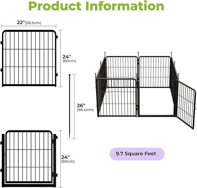 SunsGrove Garden Fence with Gate, 24 in(H) x 14.8 ft(L) 8 Panels Heavy Duty Metal Animal Barrier Fence for Yard, Suitable for Indoor or Outdoor Dog Pet Fence, Garden Fence Border, Black