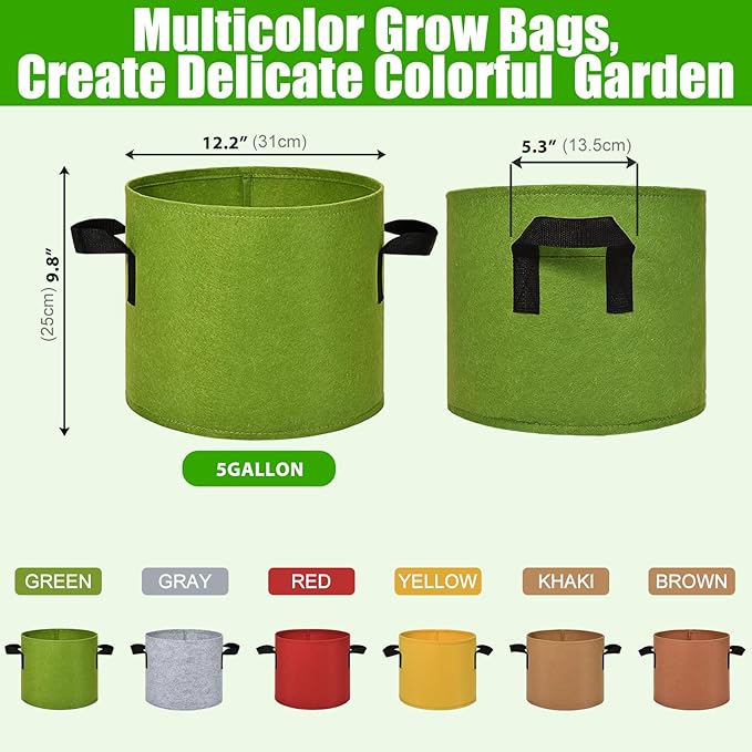 6-Pack Fabric Grow Bags 5 Gallon – Colorful 300G Thickened Nonwoven Planter Pots with Sturdy Handles, Breathable Garden Bags for Vegetables, Potato, Flowers
