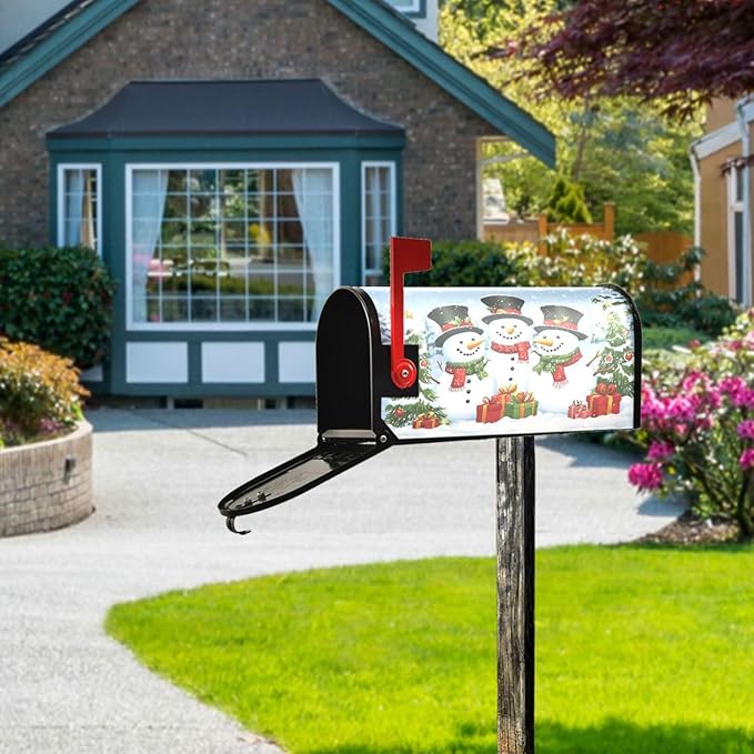 SUABO Mailbox Cover Three Christmas Snowman Oversize Magnetic Mailbox Covers Wraps for Christmas Home Yard Garden Decor