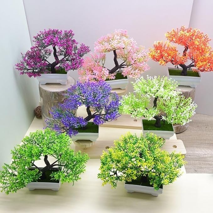 Mini Artificial Bonsai Tree Plants Artificial Plant Welcome Pine Treewith Plastic Cement Pots for Home Office Décor (Magenta)