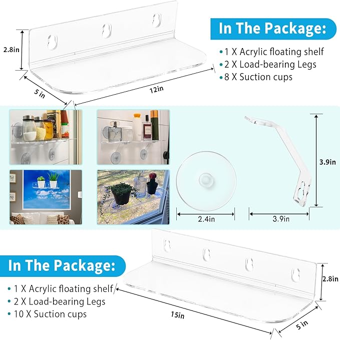 12-Inch Window Boxes Sill Planter Suction Cup Holder, 5-Inch Extra Wide Window Sill Extender, with Load Bearing Bracket for Herbs, Succulents, Clear Acrylic Indoor Plant Stand