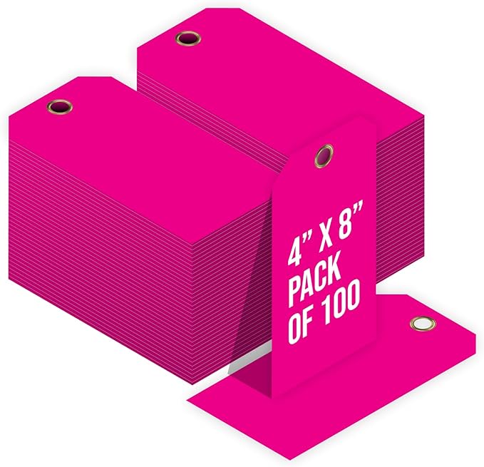 Tags 4 Less 15 Mil Waterproof Plastic Tags, Pack of 100 – 4” x 8” Heavy Duty Plastic Tags for Labeling, Outdoor Tagging, Equipment Labeling, Luggage, Valves & More (Fluorescent Pink)