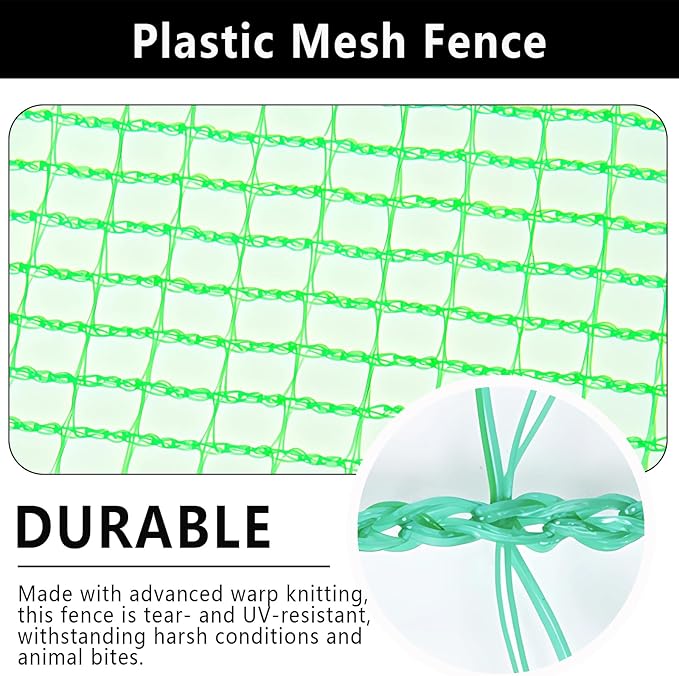 5x65ft Deer Fence Netting, Plastic Mesh Fence Heavy Duty Garden Fence Animal Barrier Garden Netting for Plants Fruit Trees Vegetables Against Deer, Birds, Rabbits, Chickens and Other Animals, Green
