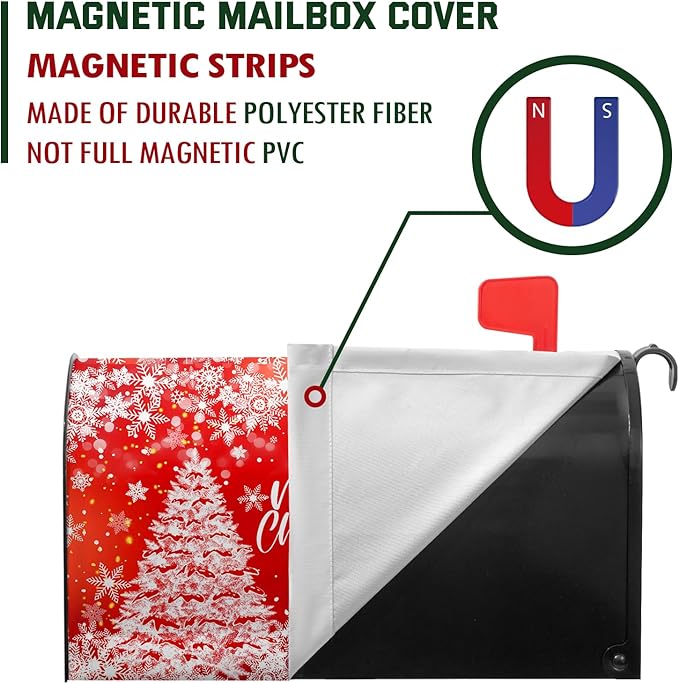 Merry Christmas Mailbox Covers Magnetic Large Size 25.5 x 21 Winter Deer Snowflake Oversized Mailbox Cover Xmas Tree Post Letter Box Cover for Outside Garden Yard Red
