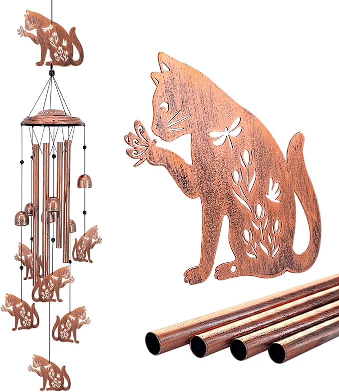 Cat Wind Chimes Outdoor Cat Gifts for Women Men Mom Dad Birthday Unique Gardening Gifts Metal WindChimes for Outside/Indoors, Lawn, Patio, Home, Yard Decor, Garden Decorations