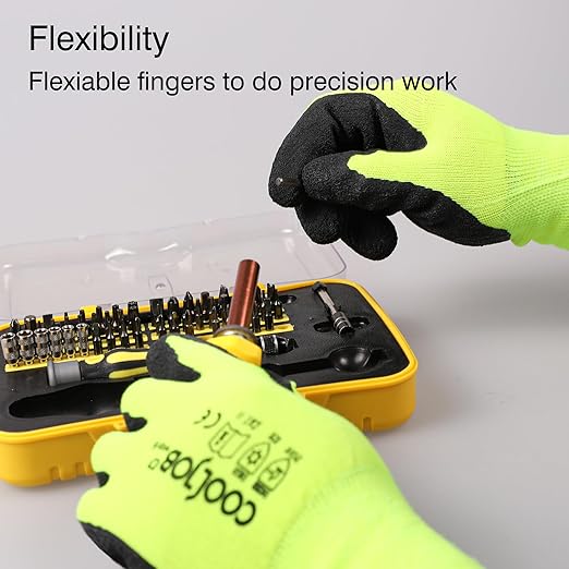 COOLJOB 3 Pairs Safety Work Gloves with Grip Latex, High-vis Assorted Colors in Orange Blue Yellow, Rubber Dipped Coating for Moving, Gardening, Farming, Package Handler Postal Worker, Small