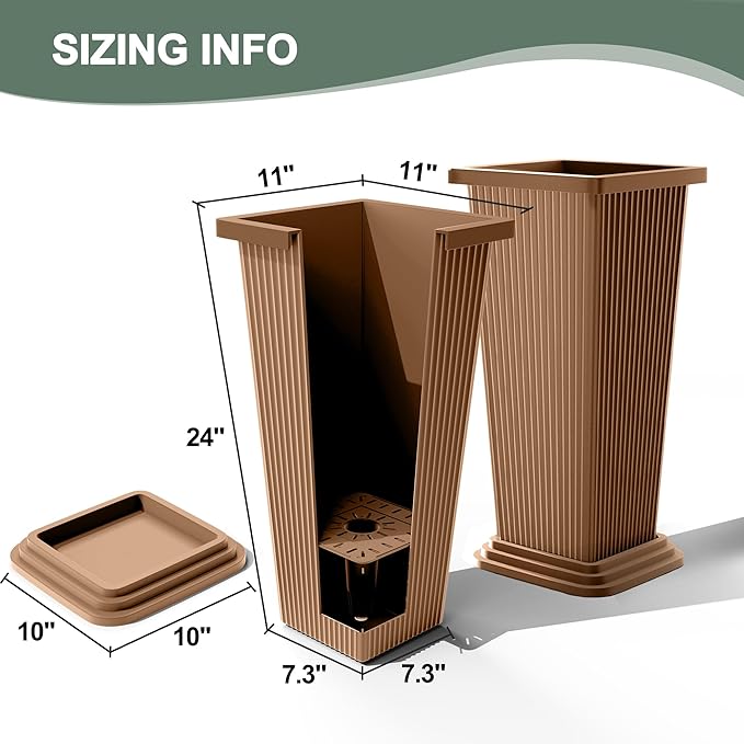 Set of 2 Large Planters for Outdoor Plants 24" Tall Tapered Modern Flower Pots with Drainage Tray for Garden, Patio, Porch (Brown Ribbed)