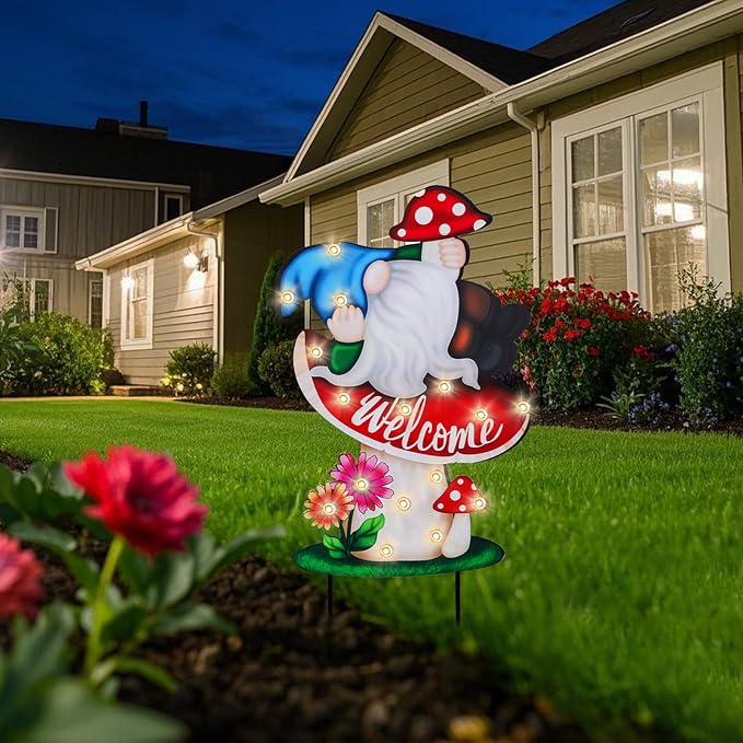 WONDER GARDEN Decorative Garden Stakes - Lighted Mushroom and Gnome Yard Sign Stakes with Flower, Spring Signs for Outdoor, Porch, Yard,Flower Bed Decor (Battery Operated)