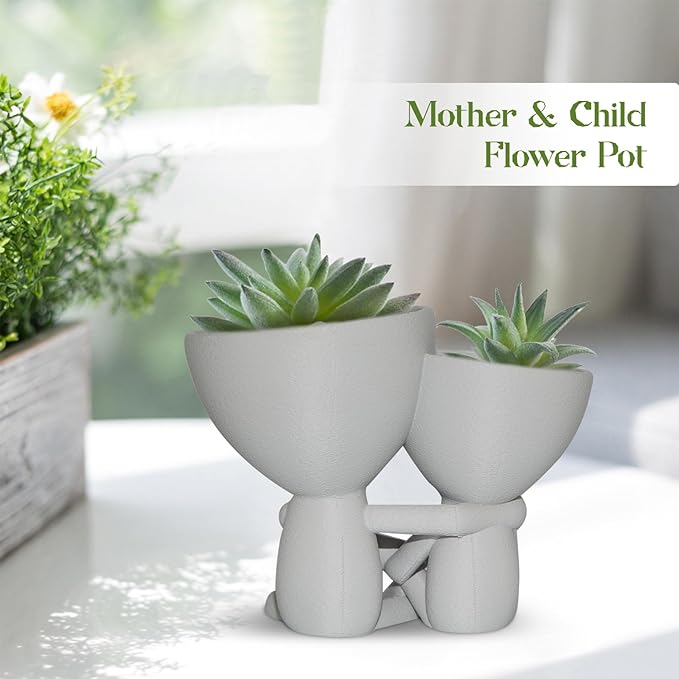 Mother and Child Flower Pot, 3.14" Flower Pot & 2.75" Small Succulent Pot, Mom Gifts from Son & Daughter, Indoor Small Planters Cute Cactus for Home Decor and Office Desk Decoration