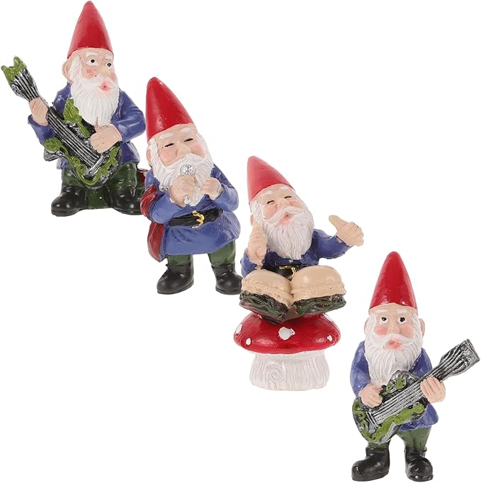 SUPVOX Gnomes Fairy Resin Statues: Happy Gnomes Dancing Celebration Musical Band Garden Gnome Set Mini Gnome Statue Miniature Fairy Gardens Micro Landscape Dwarfs Statue Ornaments 4pcs