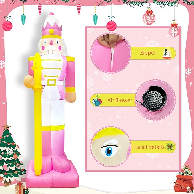 OurWarm 8FT Christmas Inflatables Pink Nutcracker Christmas Decor, Christmas Blow Ups Outdoor Nutcracker Decor with LED, Inflatable Decorations Outdoor for Yard Lawn Garden Xmas Decorations