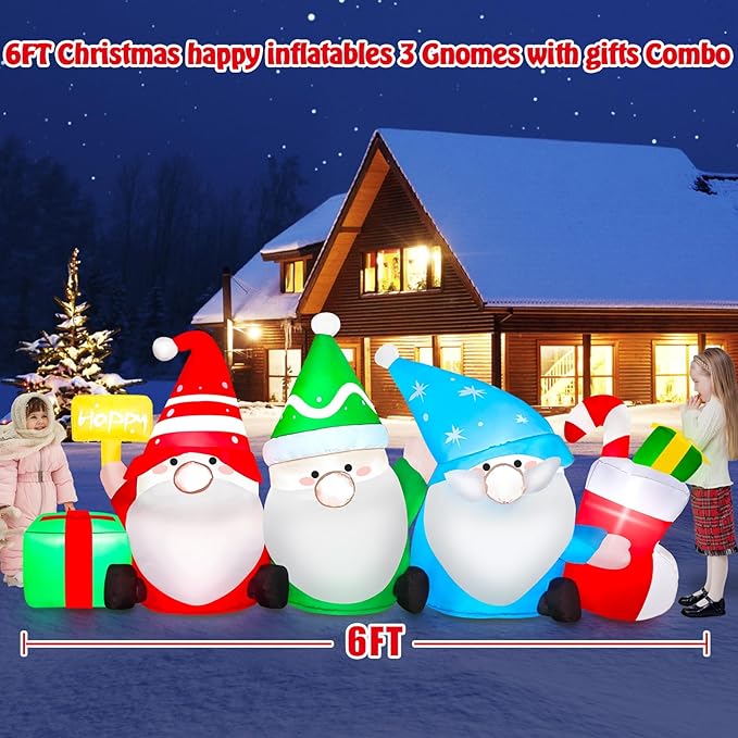 6 FT Long Christmas Inflatable Outdoor Decoration Gnomes with Gift Box & Socks, Funny Merry Xmas Figures Winter Blow Up Yard Decorations Plug in LED Light Up Vacation Outside Front Lawn Garden Decor