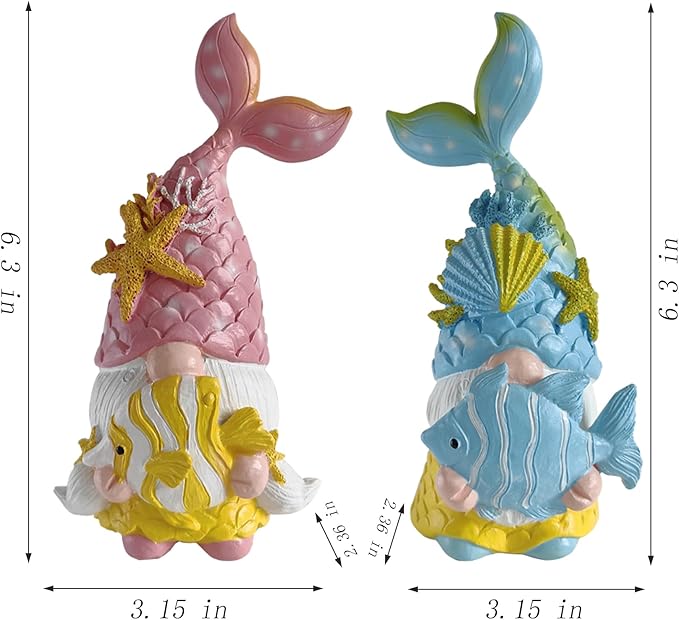 Mermaid Fairy Gnome Sea Star Shell Statue 2psc, Summer Beach Gnomes Figurine Elf Ornaments for Garden Outdoor Indoor Decoration