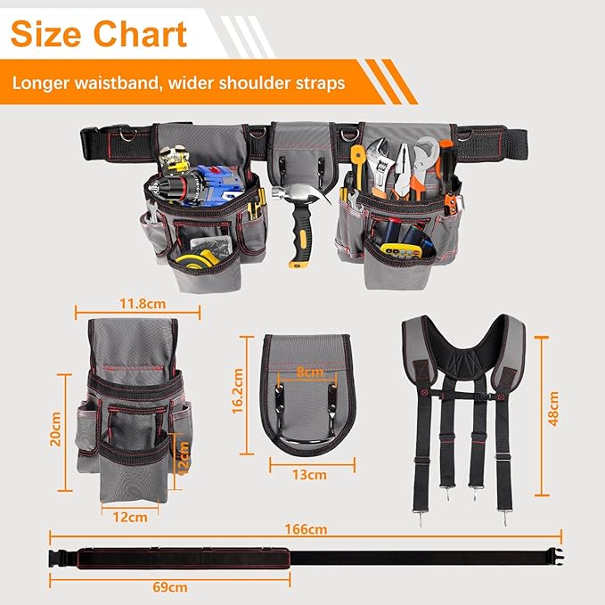 Tool Belt with Suspenders, Professional Tool Belt for Men, 18-Pocket Adjustable Heavy Duty Tool Organizer for Electrician, Carpenter, Framer, Construction Worker, Gray & Orange (32''–66'')