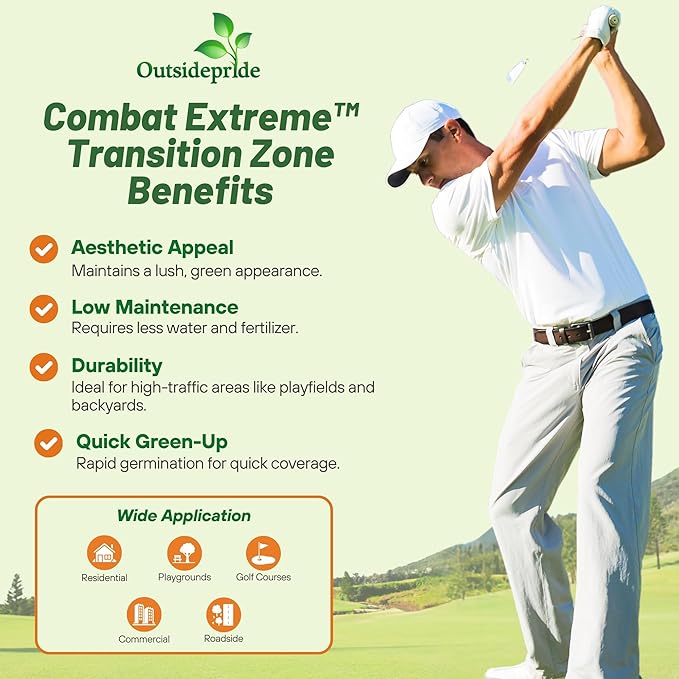 Outsidepride Combat Extreme Transition Zone Grass Seed Blend for Lawn 25 lbs - Fine, Medium Leaf Blades & Dense Turf for Sun, Shady & High Traffic Areas w/OptiGrowth Coating for Seed Enhancement