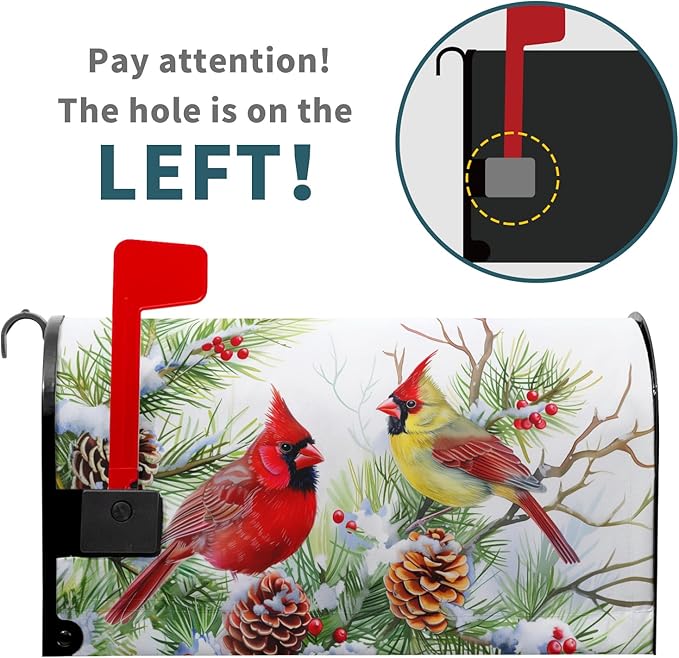 Winter Birds Mailbox Cover with Magnetic Christmas Tree Holly Branches Red Berry Pine Cone Mailbox Wrap Post Cover Large Size 25.5x21 Inch for Garden Yard Outdoor Patio Hew Year Decor