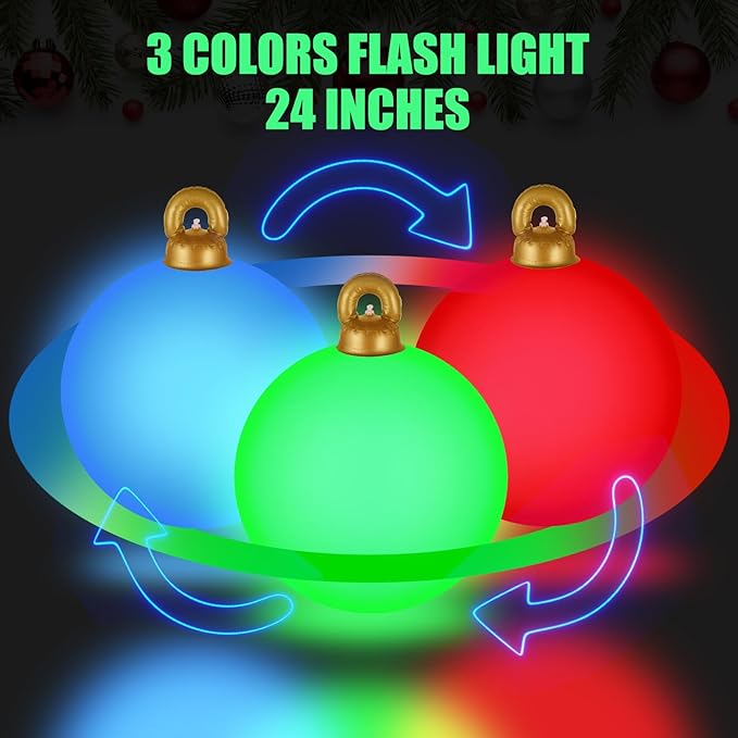 [Light up] Inflatable Ornaments Balls Outdoor 4Pcs: Flashes in Red | Green | Blue and Timer, 24 Inch Giant Christmas Inflatable Ornaments, Reusable PVC - Blow Up Ornament Balls for Yard, Porch, Party