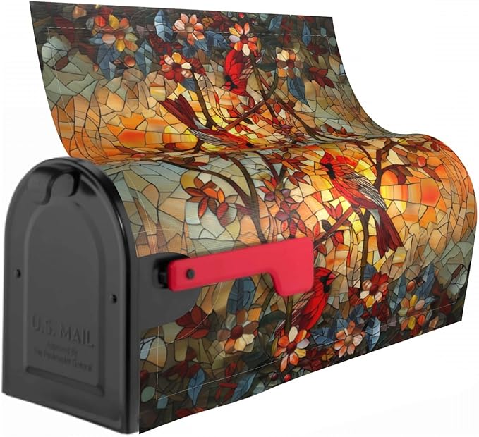 Giwawa Stained Glass Cardinal Birds Mailbox Covers Magnetic for Fall Mailbox Cover Autumn Mail Box Covers Standard Size 18 x 21 Thanksgiving Decorations Outdoor Welcome Mailbox Wrap