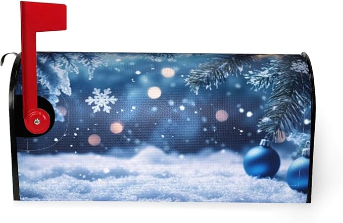 Festive Magnetic Mailbox Cover Winter Christmas Blue Ball Pattern Outdoor Mailbox Protector Holiday Seasonal Decorative Garden Yard Home Standard Size 21 x 18 Inch