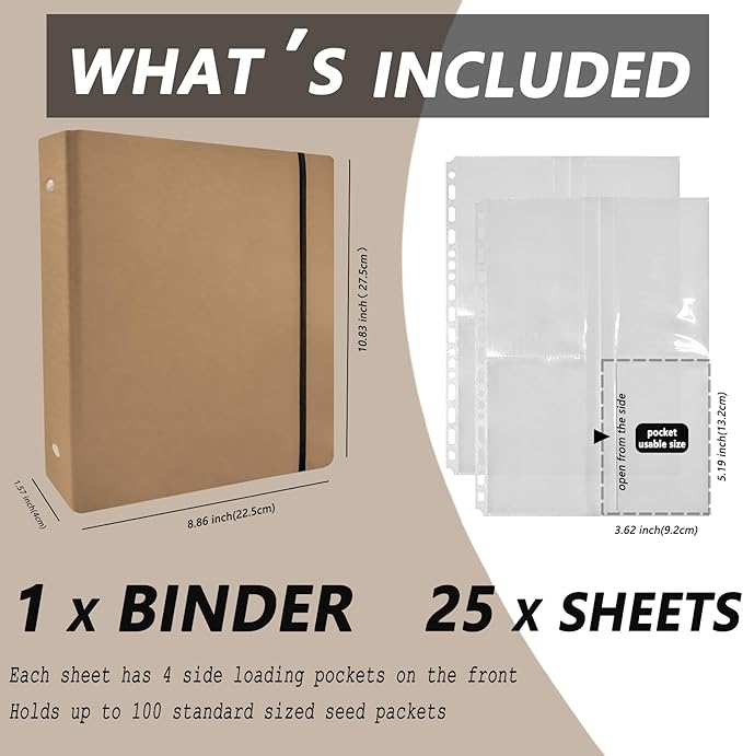 100 Pack Resealable Seeds Packets and 1 Kraft Paper Binder Seed Envelopes with Preprinted Seed Collecting Template for Seed Storage Organizer