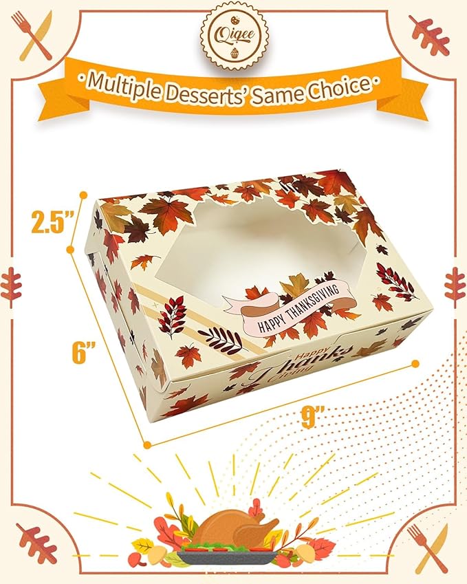 qiqee Thanksgiving Cookie Box with Window 9x6x2.5 inch 50Pcs Pastry Macaron Thanksgiving Leaves Bakery Box For Thanksgiving Day
