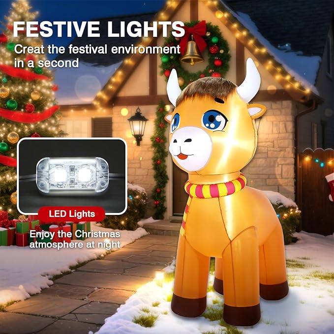 Christmas Inflatable Outdoor Decorations, 6FT Inflatables Highland Cow Spring Yard Decor, LED Lights Blow up Highlander Cattle Calf Holiday Decorations for Farm Ranch Indoor Outside Lawn Garden