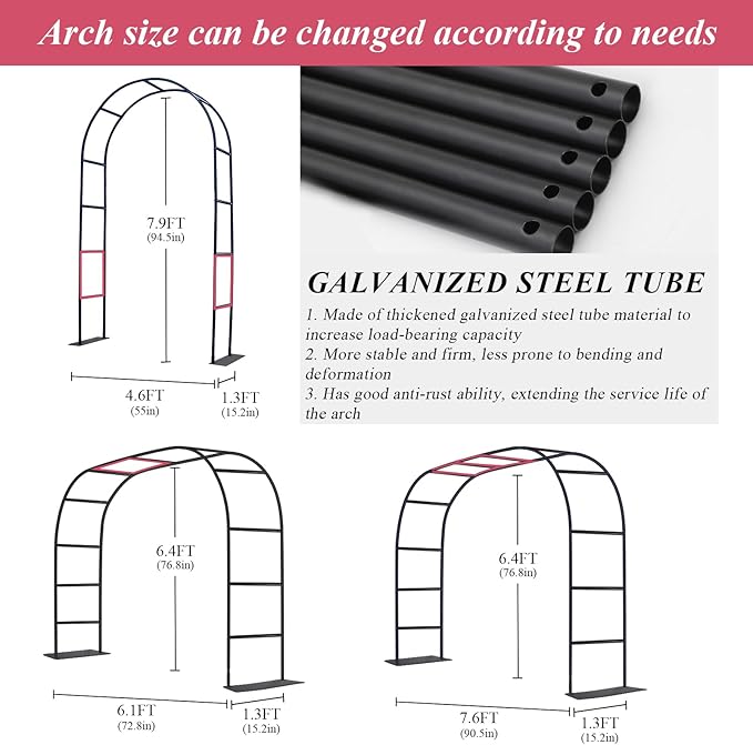 Thickened Tube Garden Arch Trellis - 4.6ft Wide x 7.9ft High or 7.6ft Wide x 6.4ft High - Garden Trellis for Climbing Plants, Stable Garden Arbor, Wedding Arch Decorations, Birthday Party Decoration