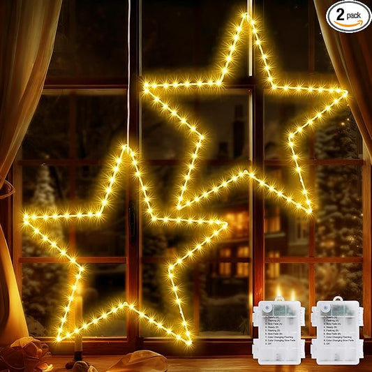 Marchpower Christmas Window Star Silhouette Lights, 19inch 70LED 2 Pack Large Star Lighted Xmas Decoration Battery Operated Twinkle Stars Light Outdoor Timer Lights Wedding Party Home Décor-Warm White