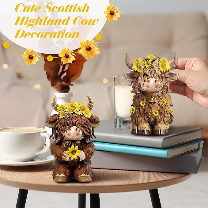 2 Pcs Highland Cow Figurines Decor Cow Gnomes with Sunflower Resin Statue Calf Lovers Gifts for Farmhouse Home Garden Bathroom Kitchen Office Tiered Tray Table Decor